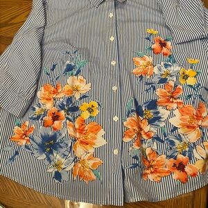 Alfred Dunner Blue Striped Floral Button Down Shirt